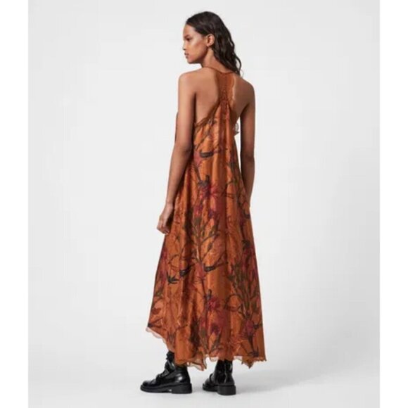 💕ALLSAINTS Seinie Nolina Slip Dress  Cinnamon Brown Floral Bird Print US 0 NWOT - Picture 3 of 16